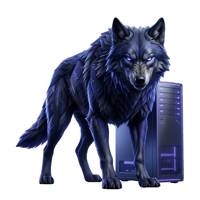 Fenrir گرگ در کنار یک سرور rack