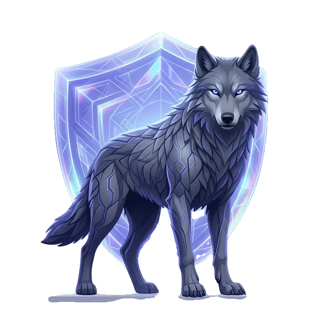 Fenrir standing guard behind a shield